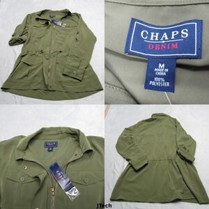 Chaps Denim Utility Jacket Women Medium Green Lightweight Roll Tab Sleeve NEW